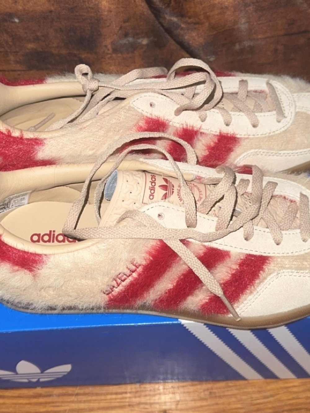 Adidas Women's Gazelle Indoor Beige Sneakers with Red Stripes